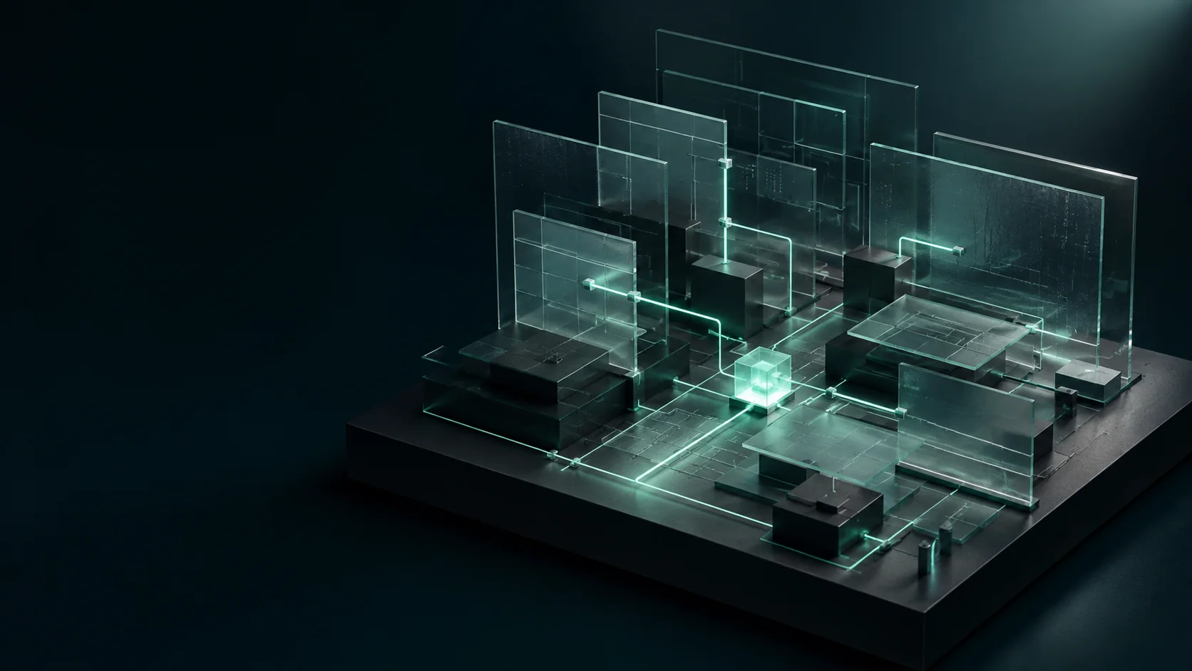 Conceptual glass layers connected by illuminated mint-green paths.